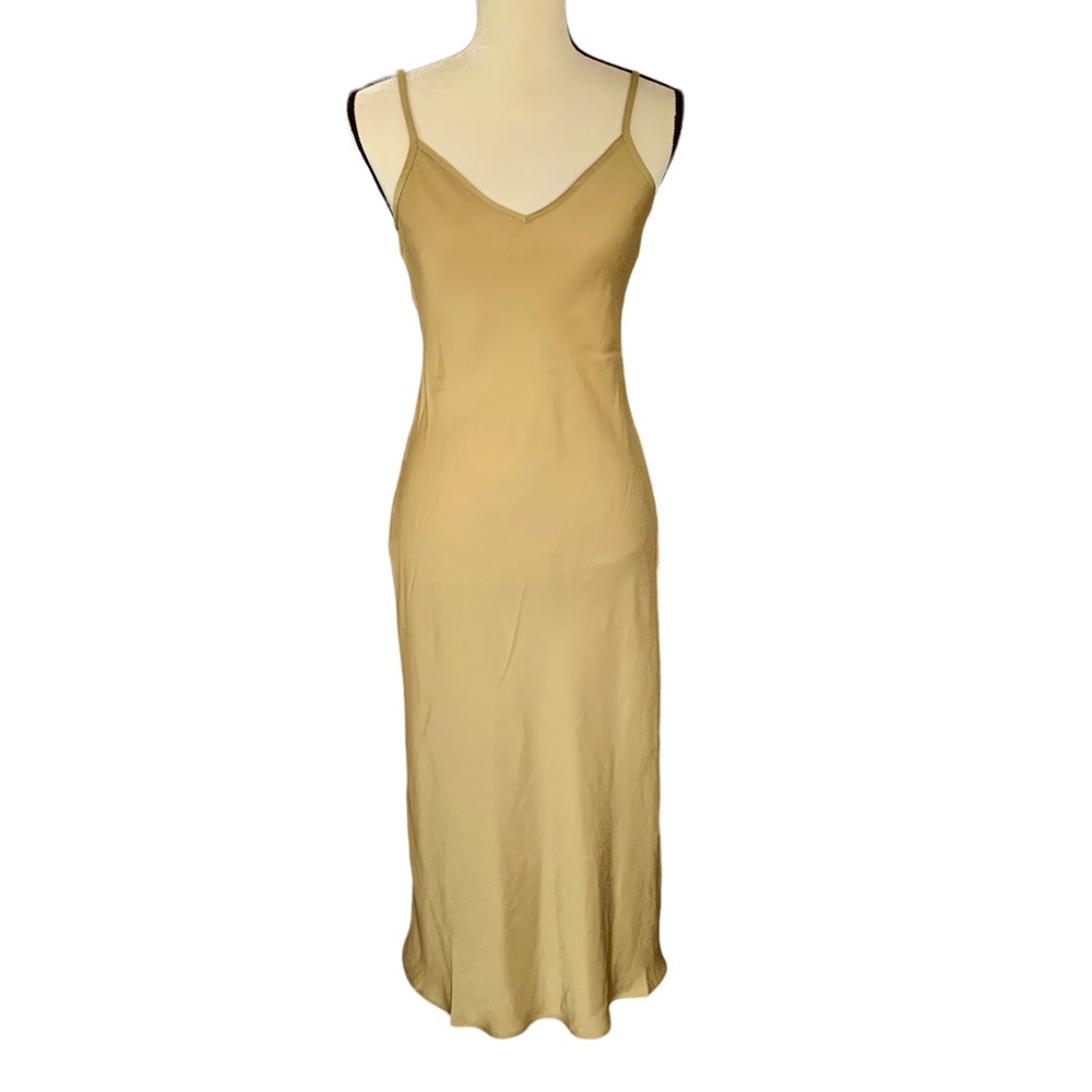 AllSaints Tierny Coni Midi Slip Dress in Metallic Olive Green Size Small